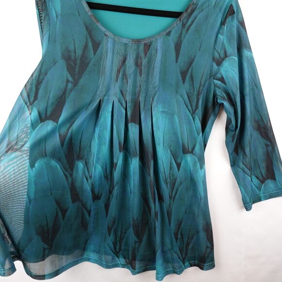 Timeson Tunic Blouse Womens Large Teal Turquoise Peacock Feathers Leaves Lined - Picture 9 of 15